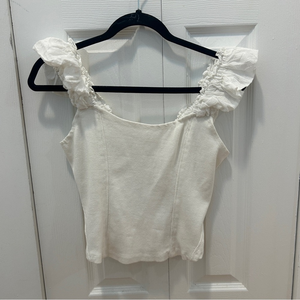 Anthropologie Cream Ruffled Ribbed Tank